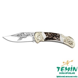 Bora 206 Büyük Boy Geyik Boynuzu Saplı Gravürlü Çakı